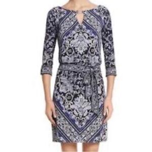 WHBM Blouson Mini Dress Periwinkle Black Fleur De Lis Stripe Print EUC PXS $149